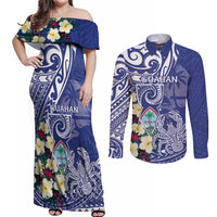 Personalised Hafa Adai Guam Couples Matching Off Shoulder Maxi Dress and Long Sleeve Button Shirt Latte Stone With Coconut Crab