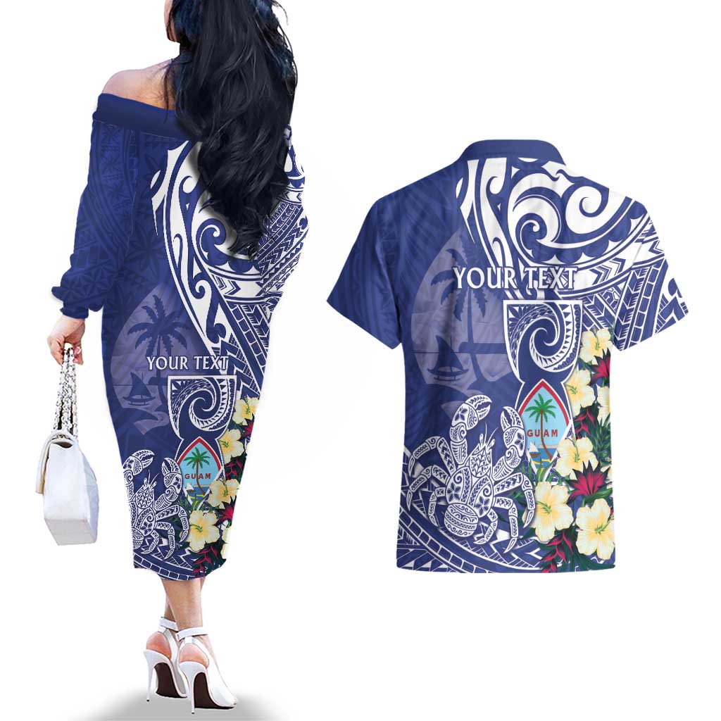 Personalised Hafa Adai Guam Couples Matching Off The Shoulder Long Sleeve Dress and Hawaiian Shirt Latte Stone With Coconut Crab