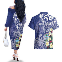 Personalised Hafa Adai Guam Couples Matching Off The Shoulder Long Sleeve Dress and Hawaiian Shirt Latte Stone With Coconut Crab