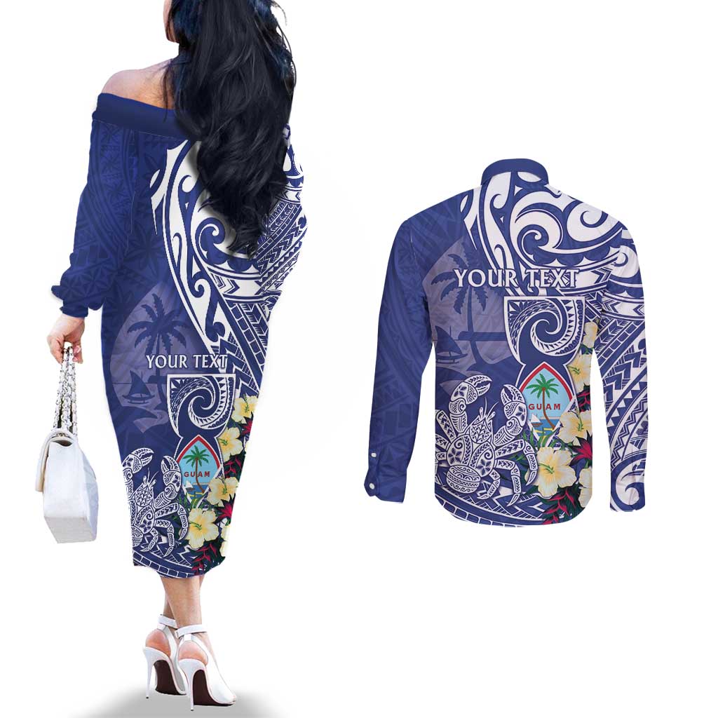 Personalised Hafa Adai Guam Couples Matching Off The Shoulder Long Sleeve Dress and Long Sleeve Button Shirt Latte Stone With Coconut Crab