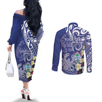 Personalised Hafa Adai Guam Couples Matching Off The Shoulder Long Sleeve Dress and Long Sleeve Button Shirt Latte Stone With Coconut Crab