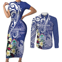 Personalised Hafa Adai Guam Couples Matching Short Sleeve Bodycon Dress and Long Sleeve Button Shirt Latte Stone With Coconut Crab