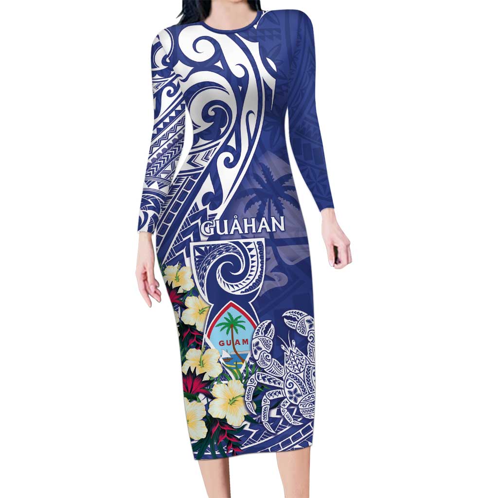 Personalised Hafa Adai Guam Family Matching Long Sleeve Bodycon Dress and Hawaiian Shirt Latte Stone With Coconut Crab LT05 Mom's Dress Blue - Polynesian Pride