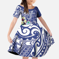 Personalised Hafa Adai Guam Family Matching Off The Shoulder Long Sleeve Dress and Hawaiian Shirt Latte Stone With Coconut Crab LT05 Daughter's Dress Blue - Polynesian Pride