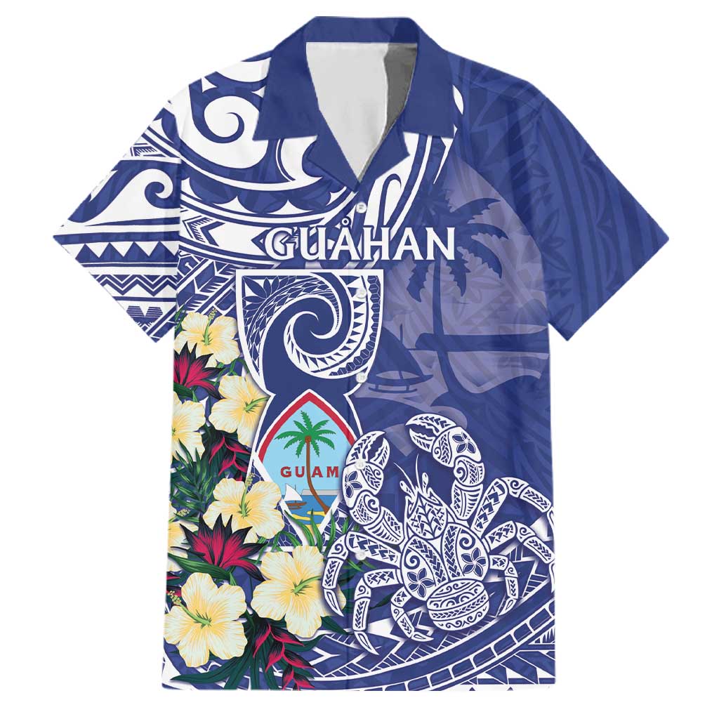 Personalised Hafa Adai Guam Family Matching Off The Shoulder Long Sleeve Dress and Hawaiian Shirt Latte Stone With Coconut Crab LT05 Dad's Shirt - Short Sleeve Blue - Polynesian Pride