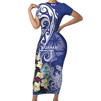 Personalised Hafa Adai Guam Family Matching Short Sleeve Bodycon Dress and Hawaiian Shirt Latte Stone With Coconut Crab LT05 Mom's Dress Blue - Polynesian Pride