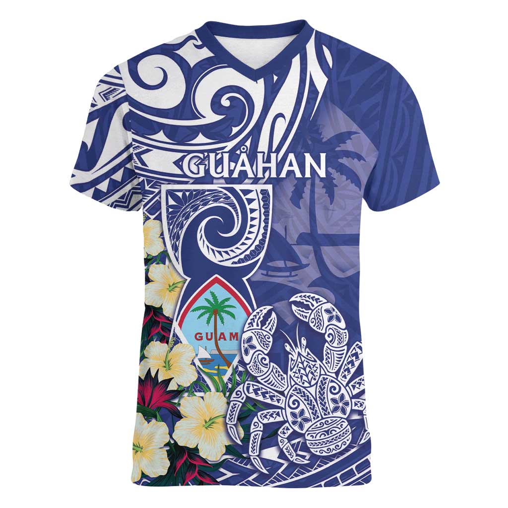 Personalised Hafa Adai Guam Women V-Neck T-Shirt Latte Stone With Coconut Crab
