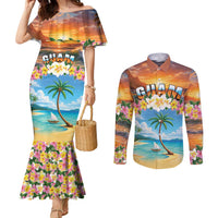 Guam Couples Matching Mermaid Dress and Long Sleeve Button Shirt Eternal Summer Sunset Beach