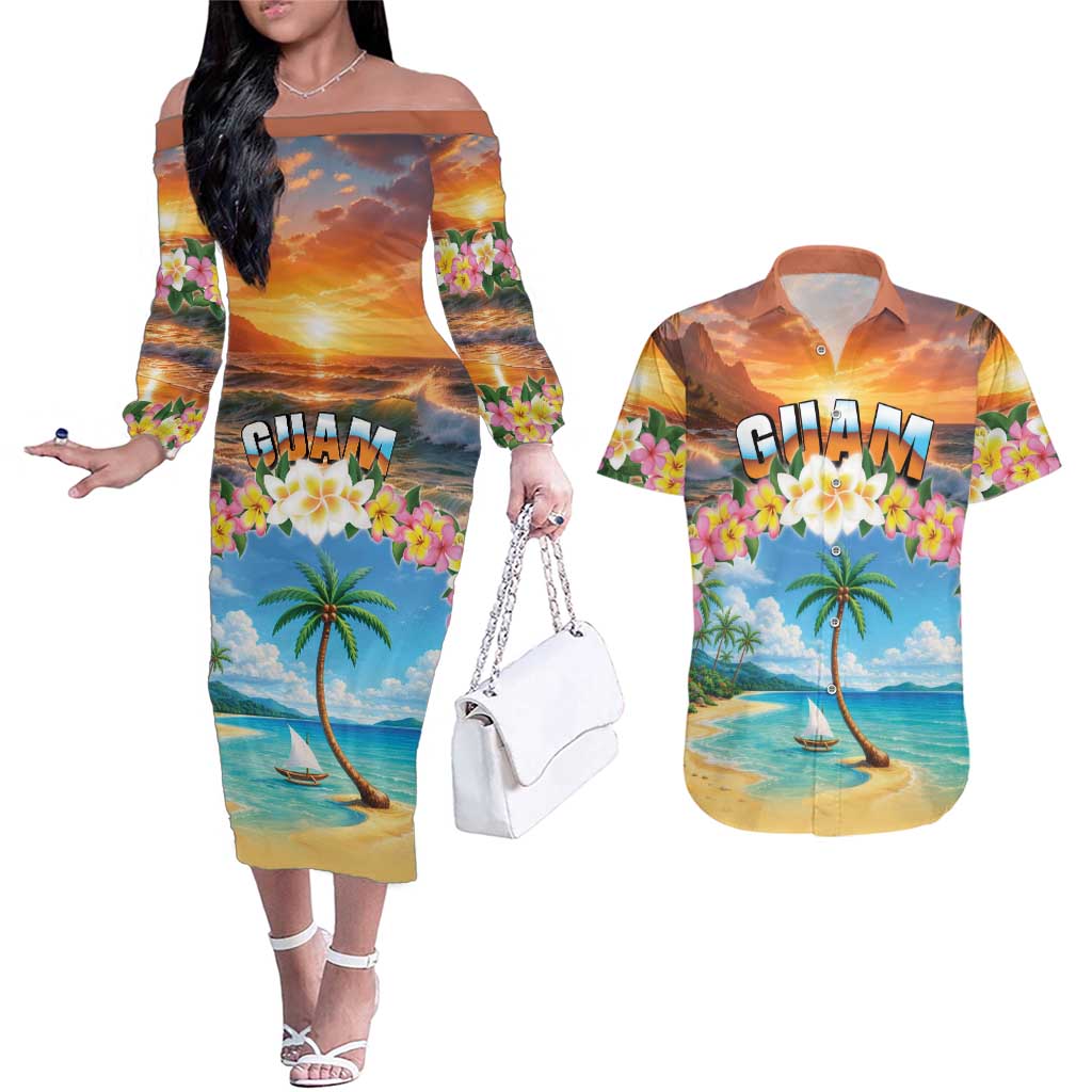 Guam Couples Matching Off The Shoulder Long Sleeve Dress and Hawaiian Shirt Eternal Summer Sunset Beach