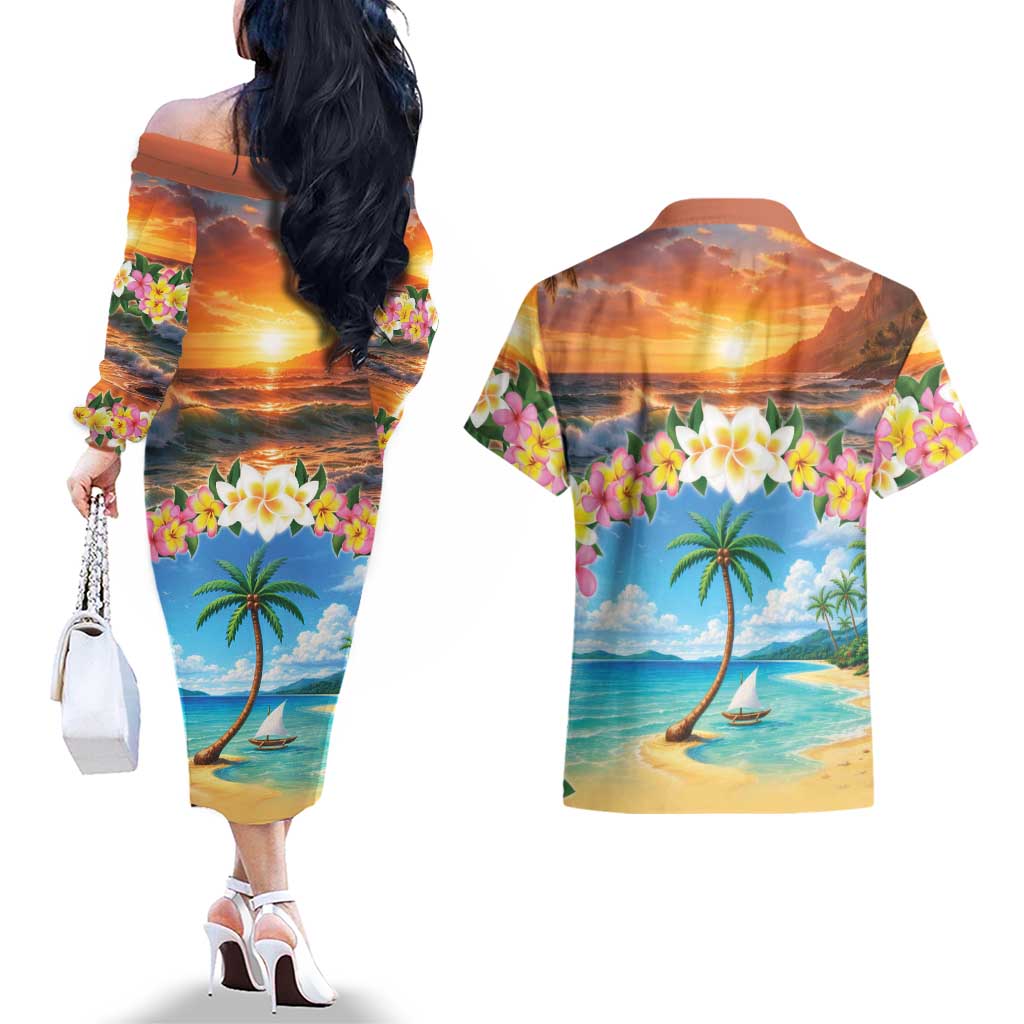 Guam Couples Matching Off The Shoulder Long Sleeve Dress and Hawaiian Shirt Eternal Summer Sunset Beach