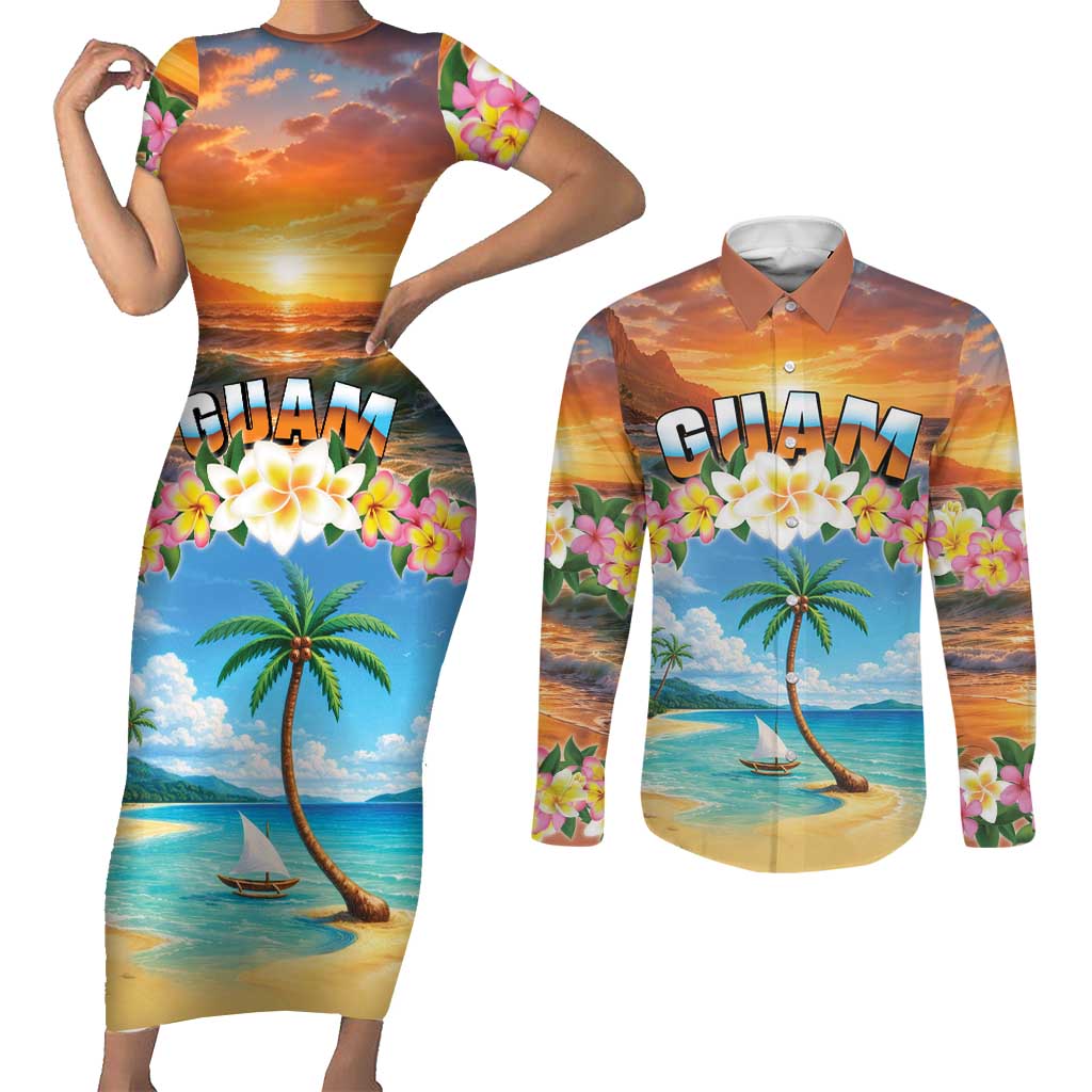Guam Couples Matching Short Sleeve Bodycon Dress and Long Sleeve Button Shirt Eternal Summer Sunset Beach