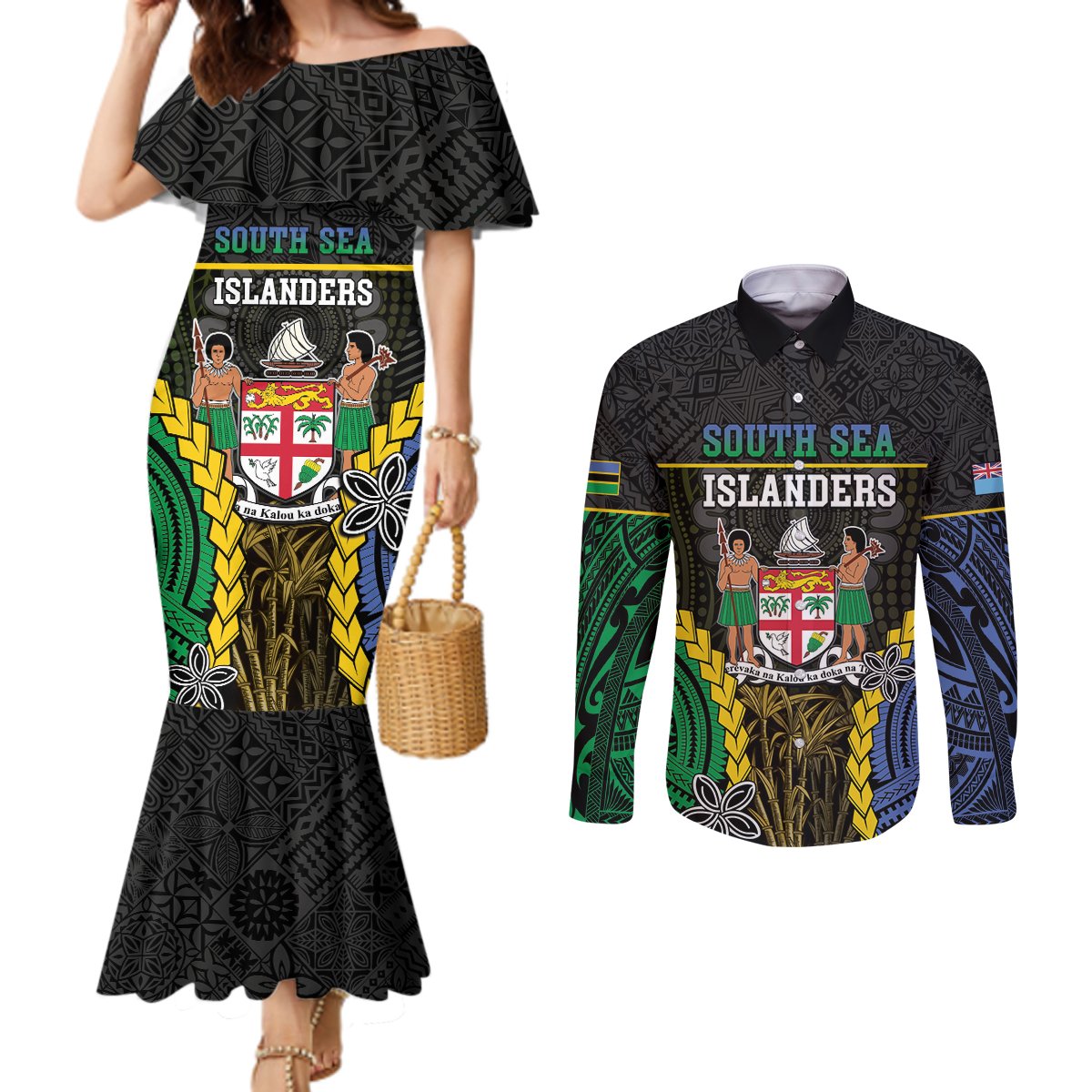 Personalised South Sea Islanders And Fiji Couples Matching Mermaid Dress and Long Sleeve Button Shirt Kanakas Fijian Tapa Pattern