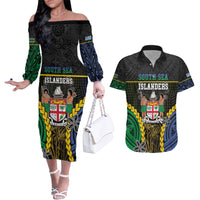 Personalised South Sea Islanders And Fiji Couples Matching Off The Shoulder Long Sleeve Dress and Hawaiian Shirt Kanakas Fijian Tapa Pattern LT05 Black - Polynesian Pride
