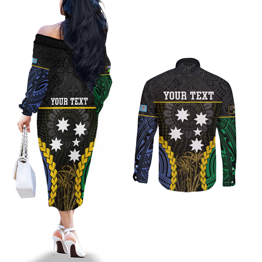 Personalised South Sea Islanders And Fiji Couples Matching Off The Shoulder Long Sleeve Dress and Long Sleeve Button Shirt Kanakas Fijian Tapa Pattern LT05 - Polynesian Pride