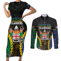 Personalised South Sea Islanders And Fiji Couples Matching Short Sleeve Bodycon Dress and Long Sleeve Button Shirt Kanakas Fijian Tapa Pattern LT05 Black - Polynesian Pride