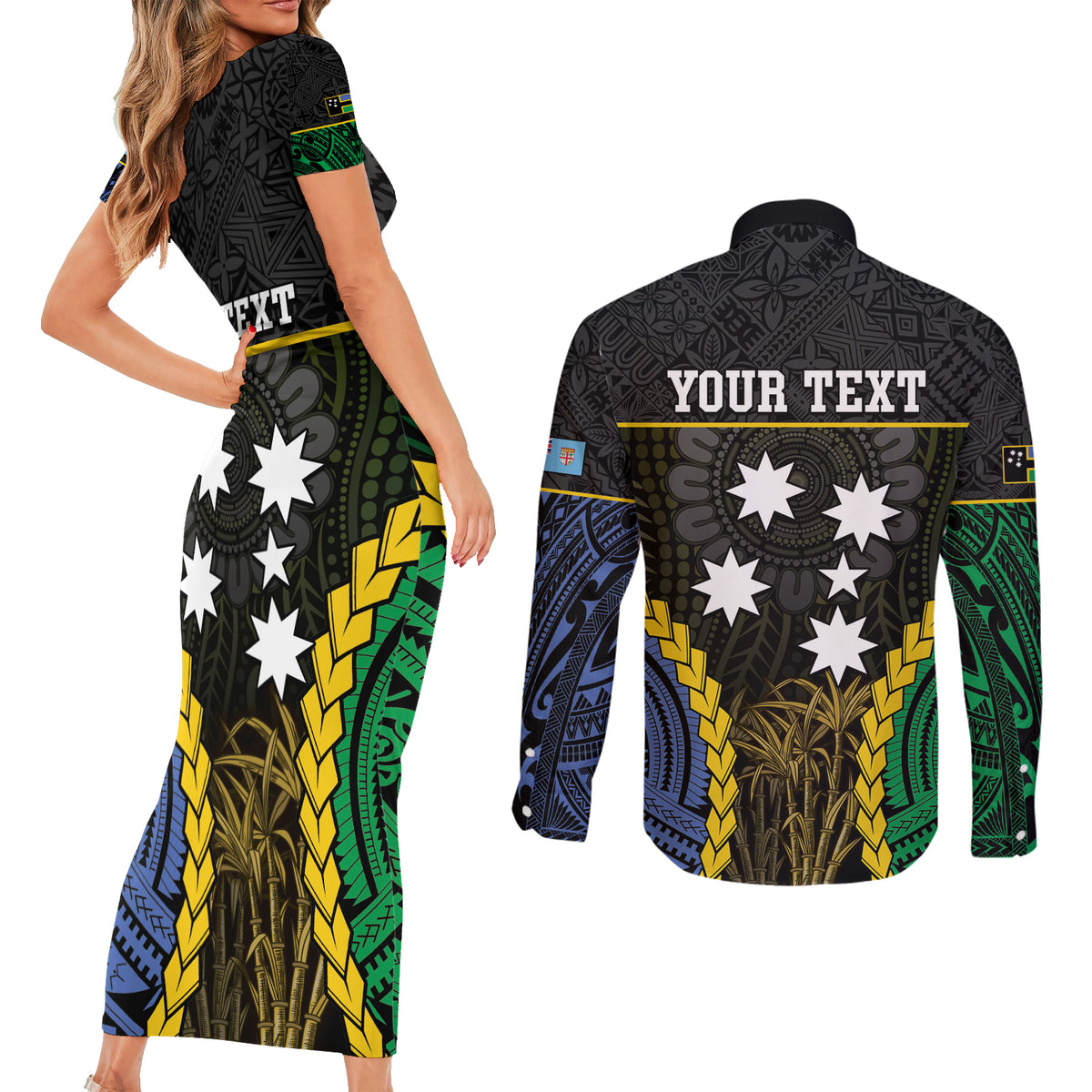 Personalised South Sea Islanders And Fiji Couples Matching Short Sleeve Bodycon Dress and Long Sleeve Button Shirt Kanakas Fijian Tapa Pattern LT05 - Polynesian Pride
