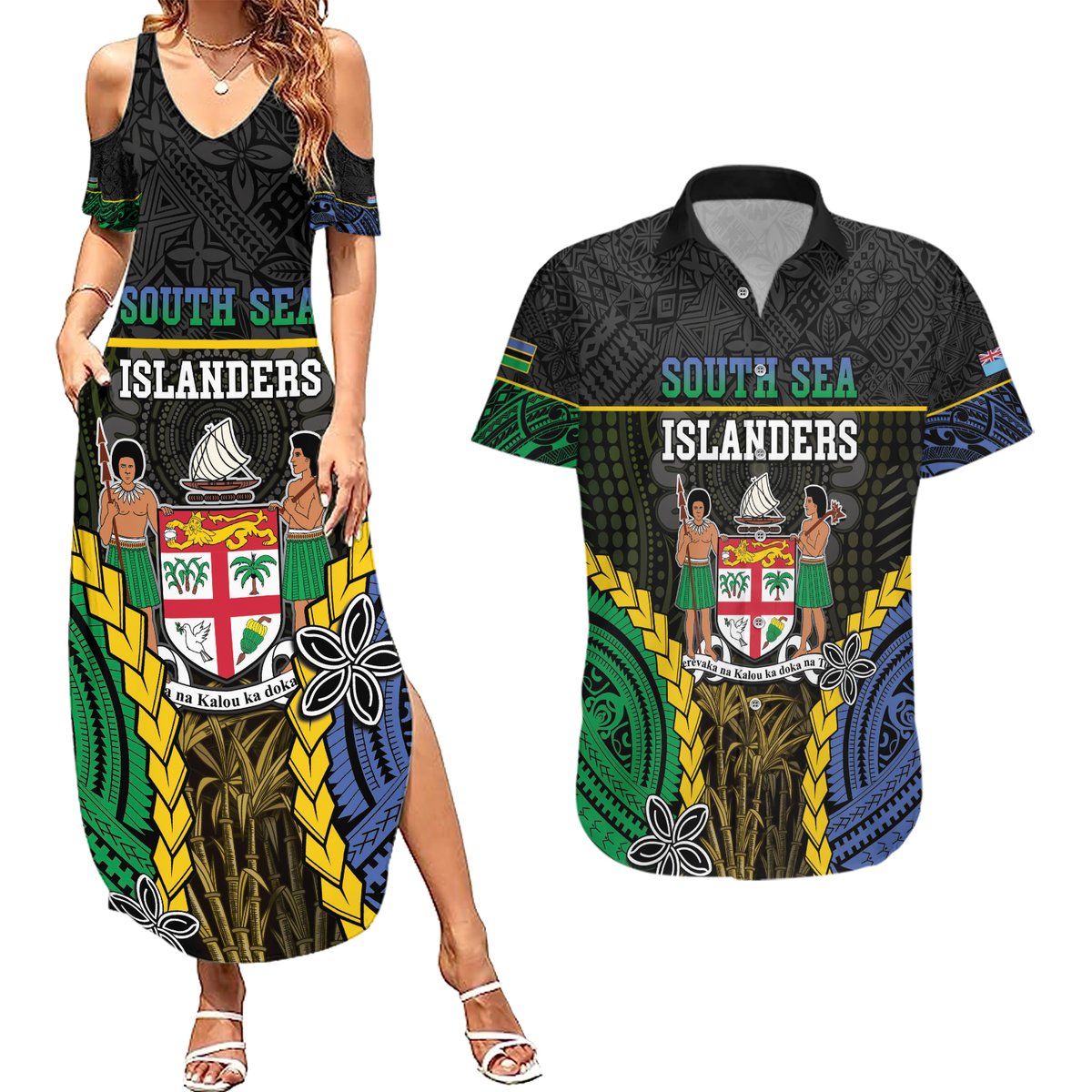 Personalised South Sea Islanders And Fiji Couples Matching Summer Maxi Dress and Hawaiian Shirt Kanakas Fijian Tapa Pattern