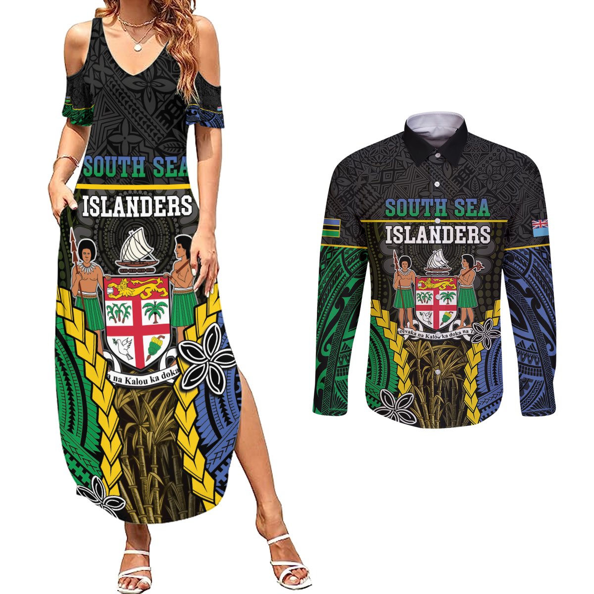 Personalised South Sea Islanders And Fiji Couples Matching Summer Maxi Dress and Long Sleeve Button Shirt Kanakas Fijian Tapa Pattern