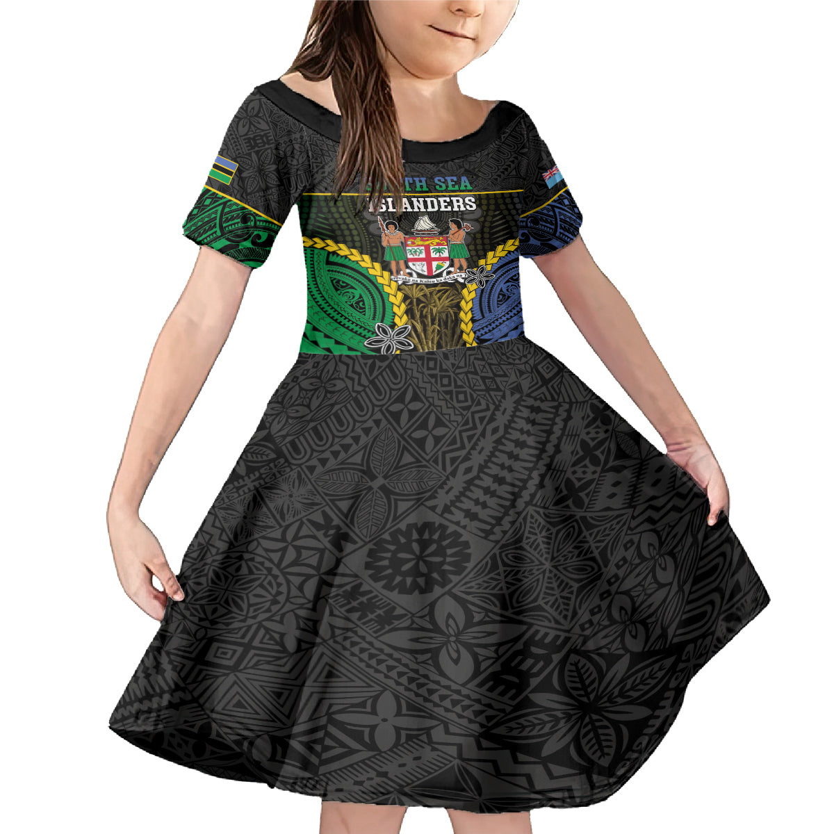 Personalised South Sea Islanders And Fiji Family Matching Mermaid Dress and Hawaiian Shirt Kanakas Fijian Tapa Pattern LT05 Daughter's Dress Black - Polynesian Pride