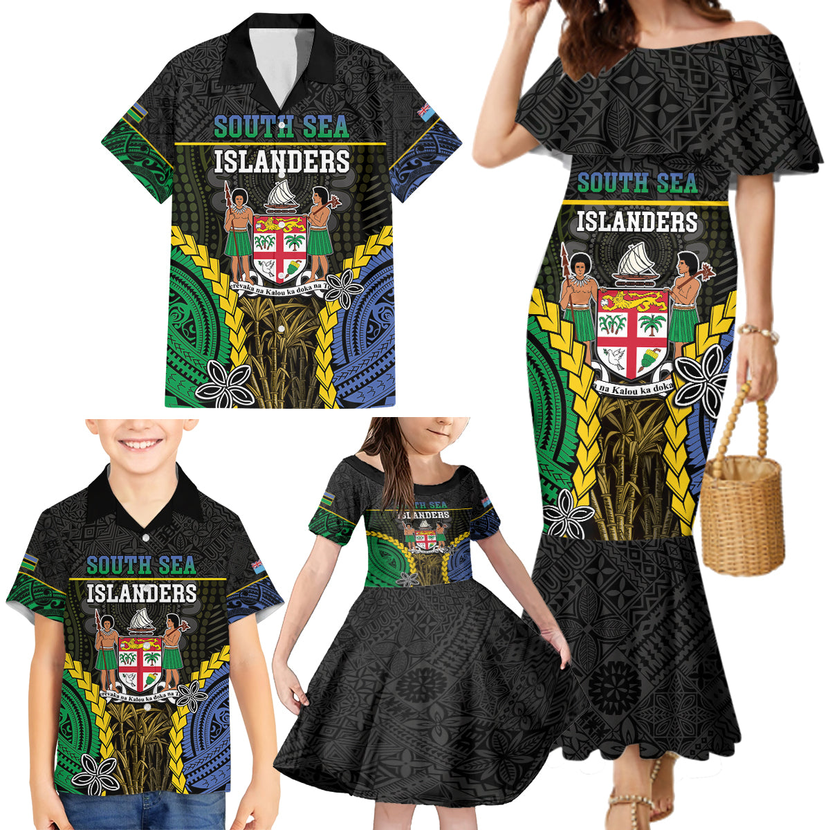Personalised South Sea Islanders And Fiji Family Matching Mermaid Dress and Hawaiian Shirt Kanakas Fijian Tapa Pattern LT05 - Polynesian Pride