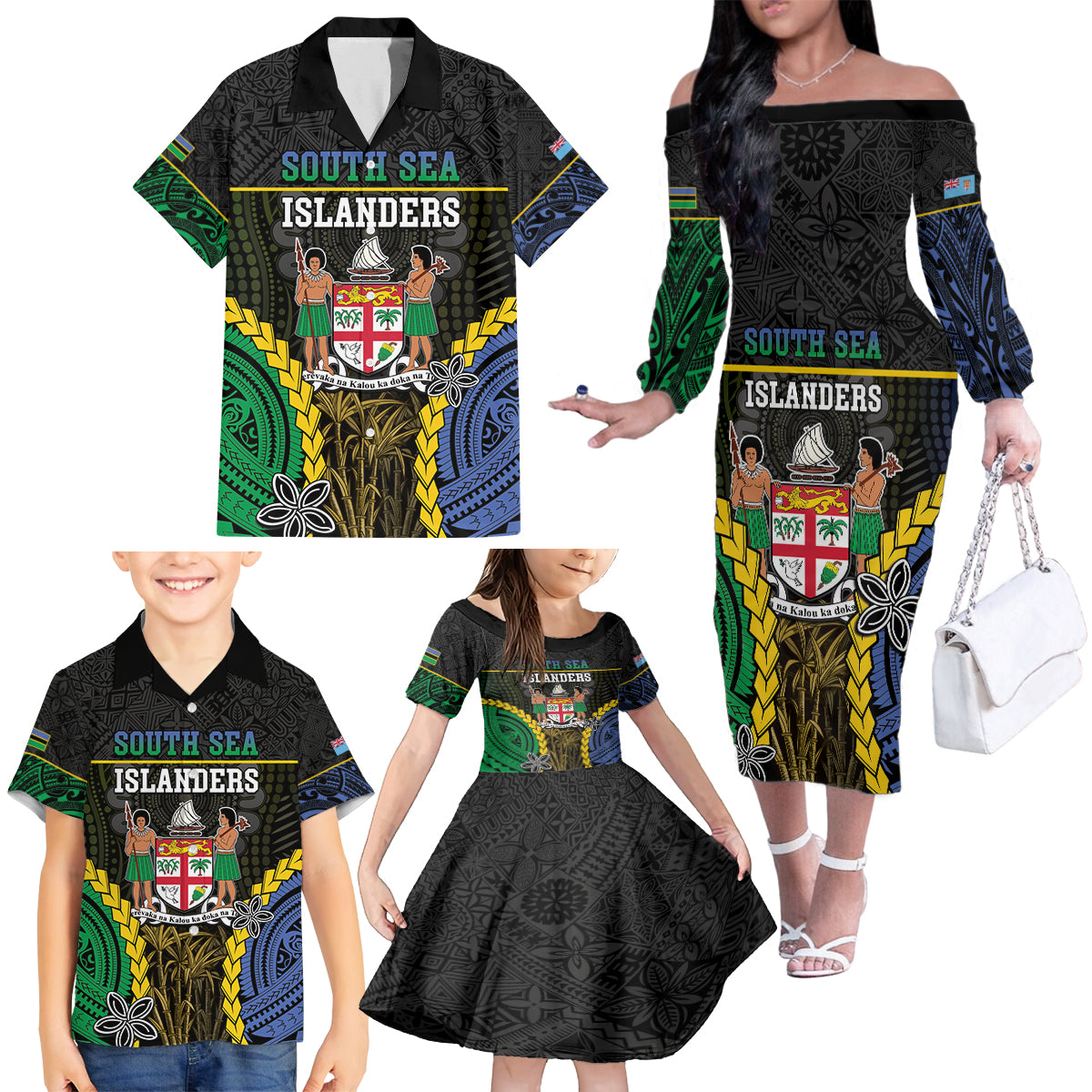Personalised South Sea Islanders And Fiji Family Matching Off The Shoulder Long Sleeve Dress and Hawaiian Shirt Kanakas Fijian Tapa Pattern LT05 - Polynesian Pride