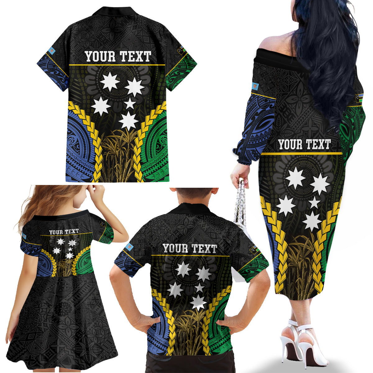 Personalised South Sea Islanders And Fiji Family Matching Off The Shoulder Long Sleeve Dress and Hawaiian Shirt Kanakas Fijian Tapa Pattern LT05 - Polynesian Pride