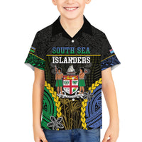 Personalised South Sea Islanders And Fiji Family Matching Off The Shoulder Long Sleeve Dress and Hawaiian Shirt Kanakas Fijian Tapa Pattern LT05 Son's Shirt Black - Polynesian Pride