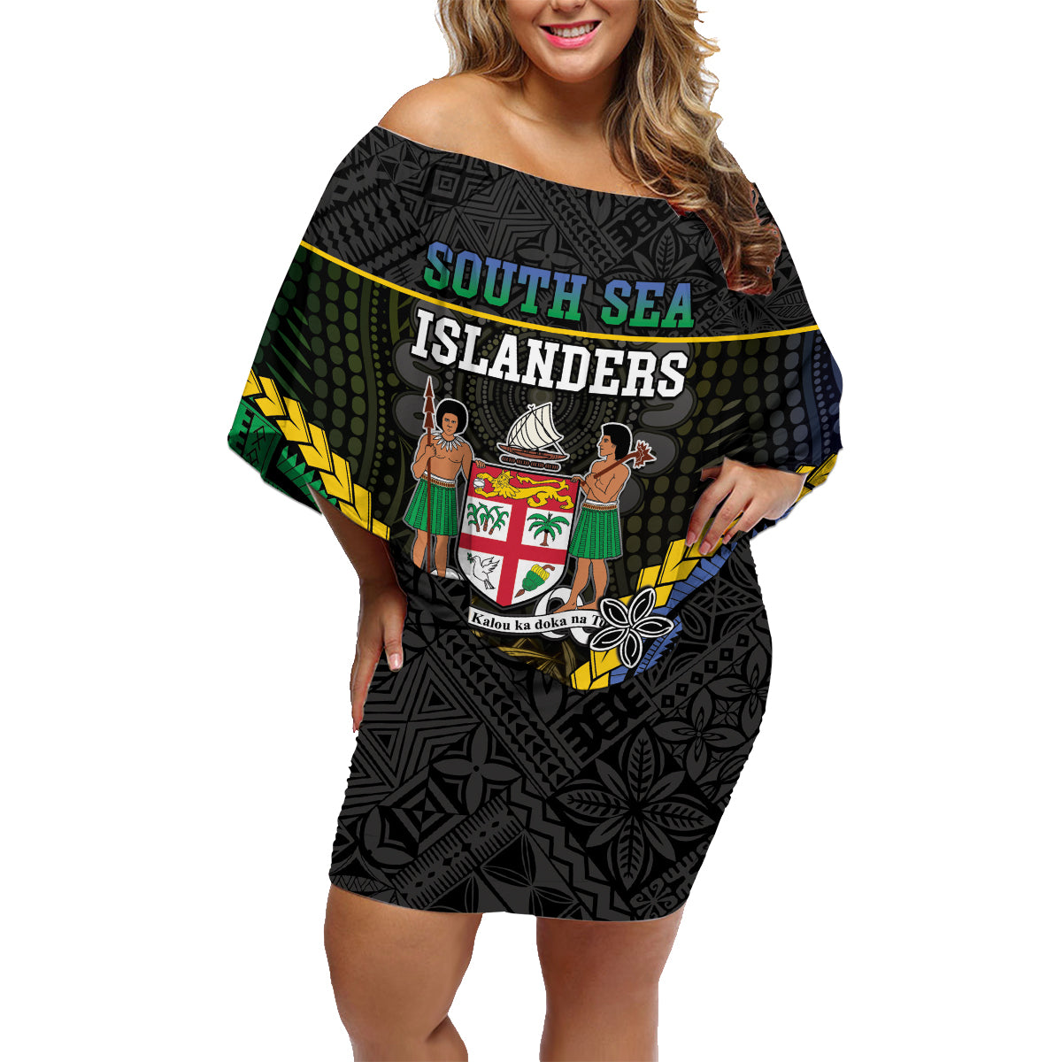 Personalised South Sea Islanders And Fiji Family Matching Off Shoulder Short Dress and Hawaiian Shirt Kanakas Fijian Tapa Pattern LT05 Mom's Dress Black - Polynesian Pride