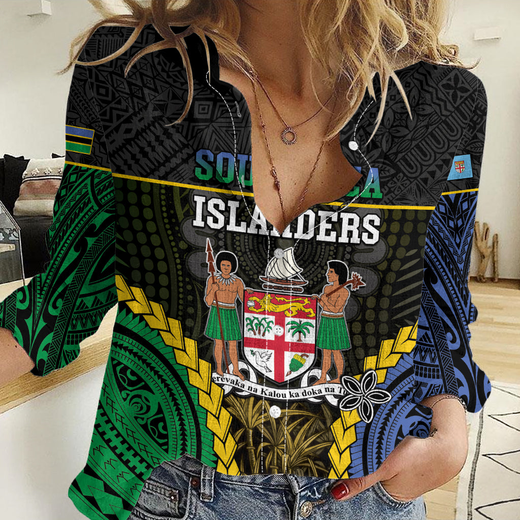 Personalised South Sea Islanders And Fiji Women Casual Shirt Kanakas Fijian Tapa Pattern LT05 Female Black - Polynesian Pride