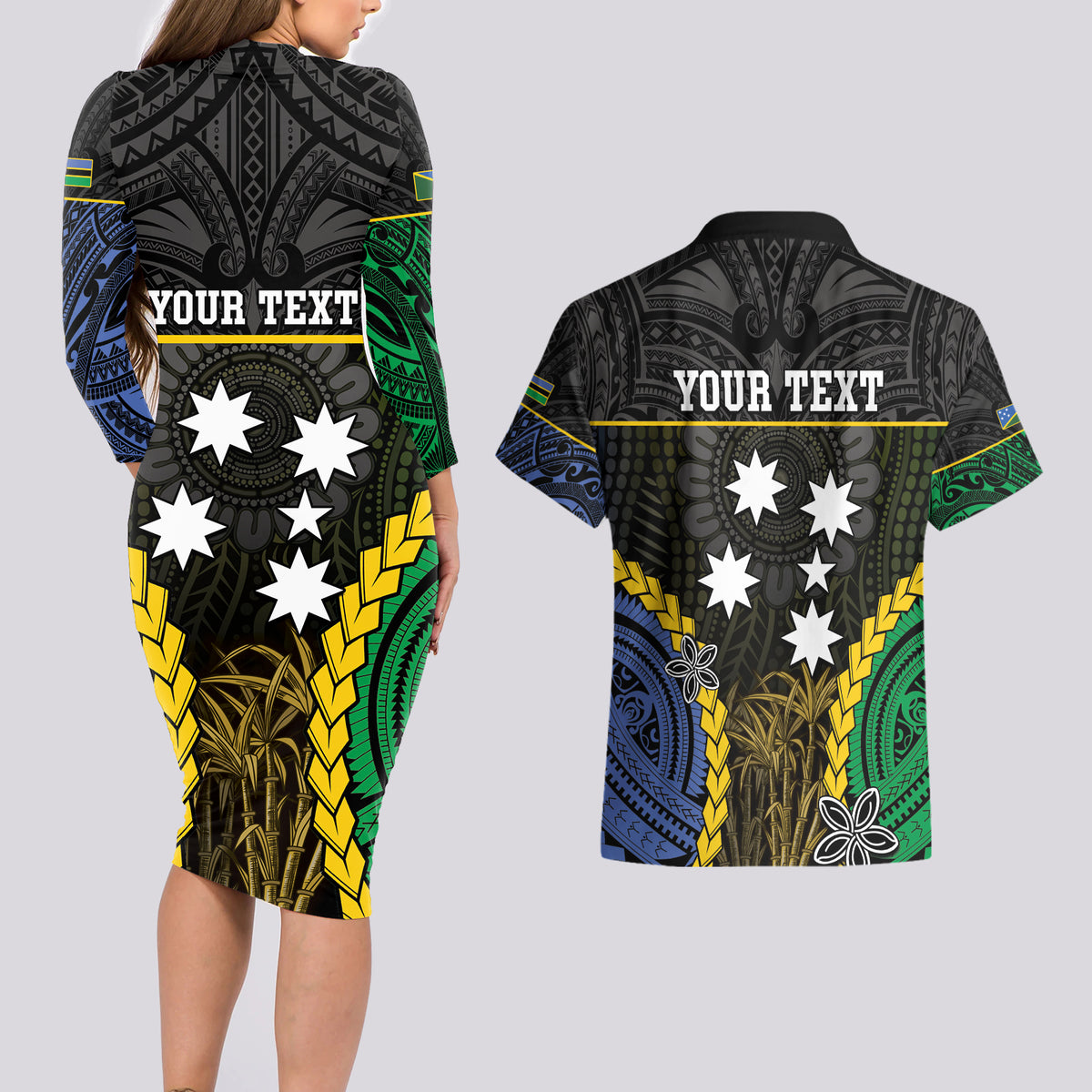 Personalised South Sea Islanders And Solomon Islands Couples Matching Long Sleeve Bodycon Dress and Hawaiian Shirt Kanakas Polynesian Pattern
