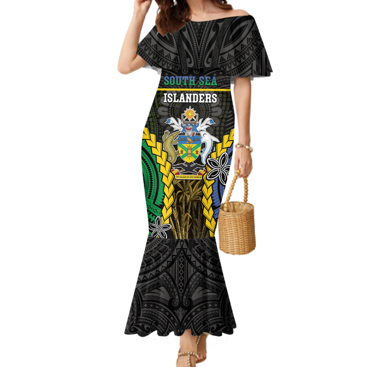 Personalised South Sea Islanders And Solomon Islands Family Matching Mermaid Dress and Hawaiian Shirt Kanakas Polynesian Pattern LT05 Mom's Dress Black - Polynesian Pride