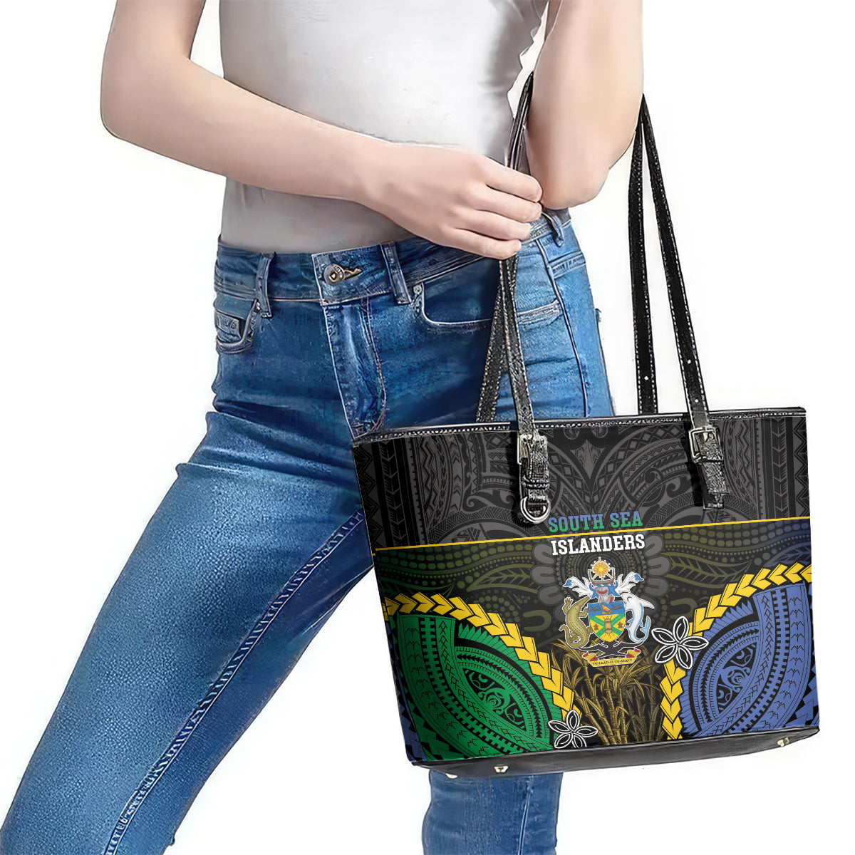 South Sea Islanders And Solomon Islands Leather Tote Bag Kanakas Polynesian Pattern