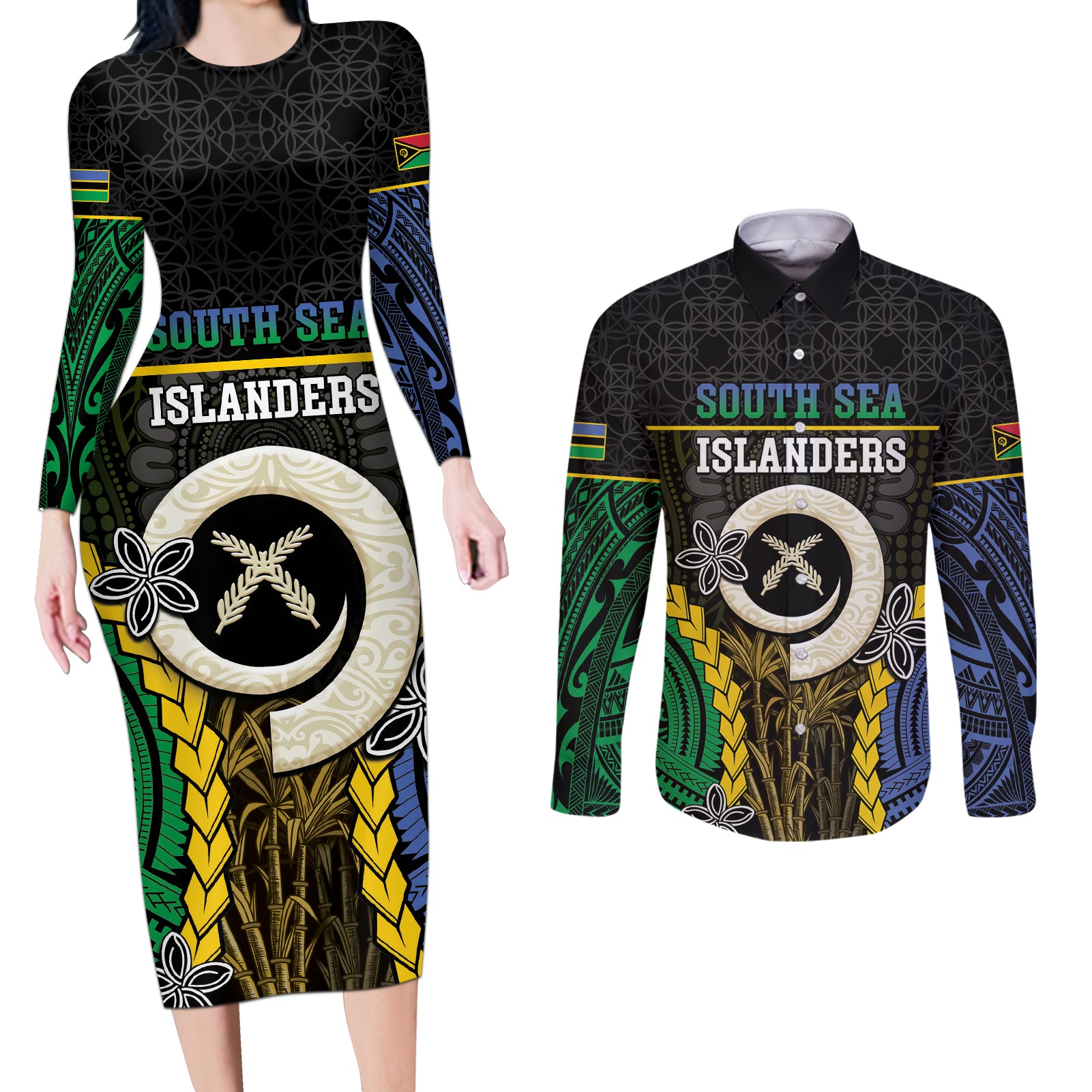 Personalised South Sea Islanders And Vanuatu Couples Matching Long Sleeve Bodycon Dress and Long Sleeve Button Shirt Kanakas Sand Drawing Pattern
