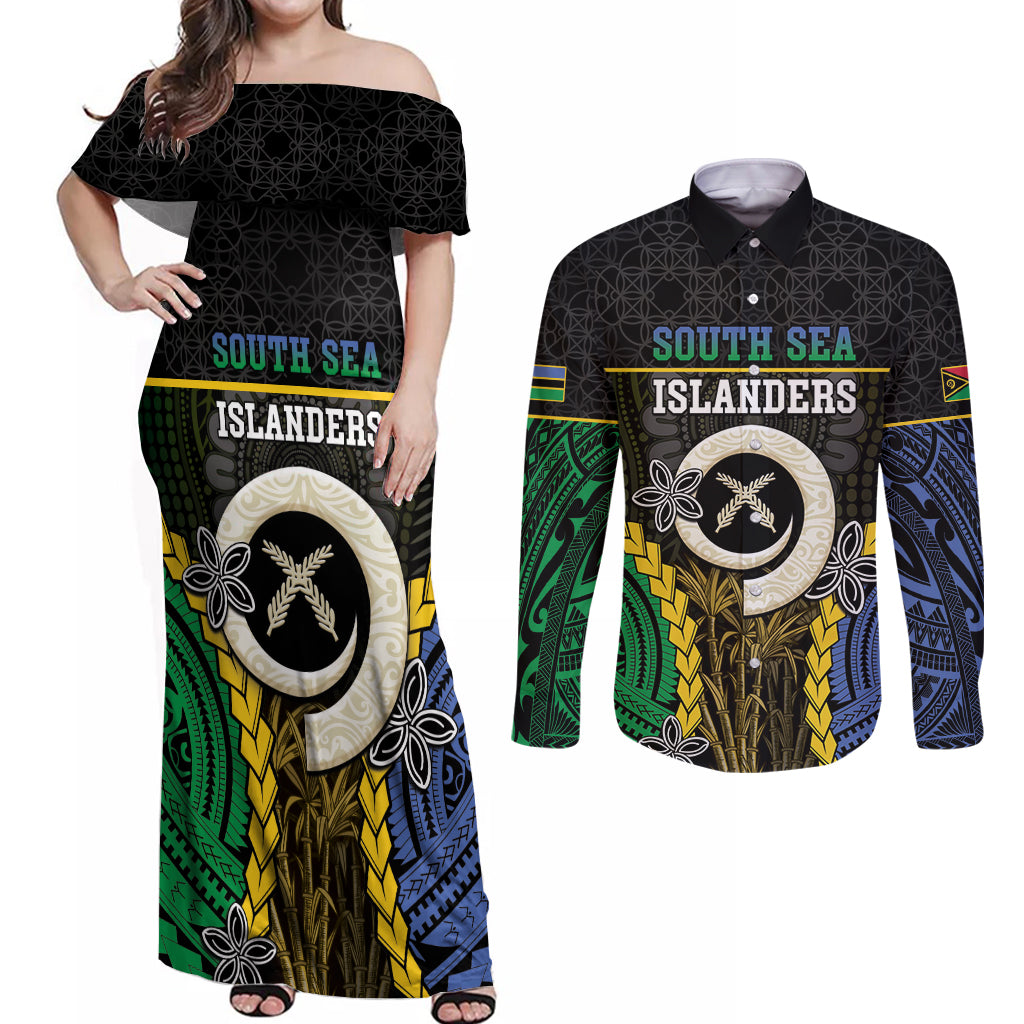 Personalised South Sea Islanders And Vanuatu Couples Matching Off Shoulder Maxi Dress and Long Sleeve Button Shirt Kanakas Sand Drawing Pattern