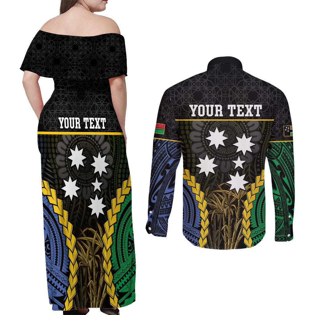 Personalised South Sea Islanders And Vanuatu Couples Matching Off Shoulder Maxi Dress and Long Sleeve Button Shirt Kanakas Sand Drawing Pattern