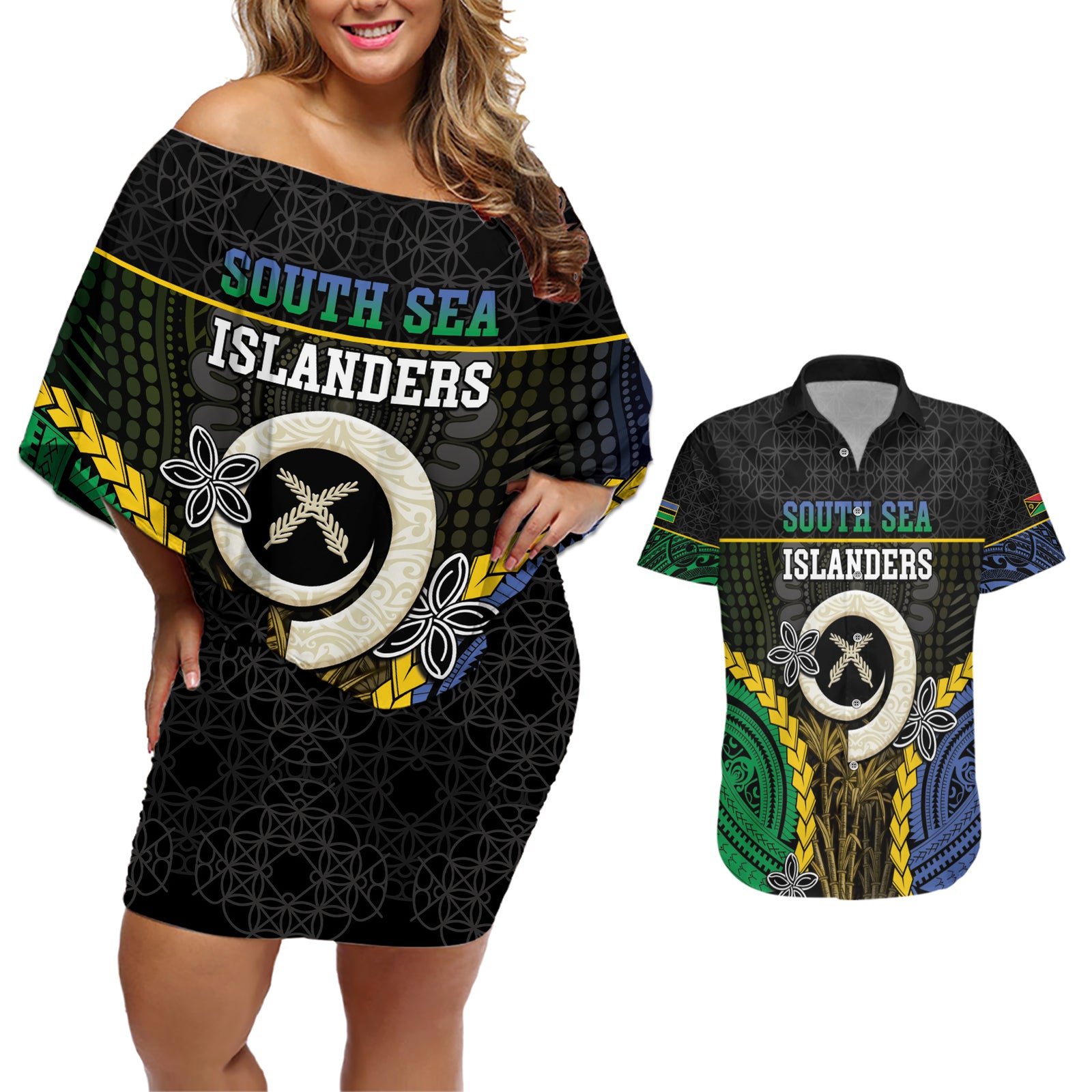 Personalised South Sea Islanders And Vanuatu Couples Matching Off Shoulder Short Dress and Hawaiian Shirt Kanakas Sand Drawing Pattern