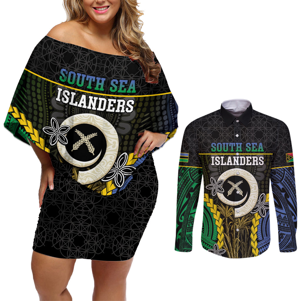 Personalised South Sea Islanders And Vanuatu Couples Matching Off Shoulder Short Dress and Long Sleeve Button Shirt Kanakas Sand Drawing Pattern