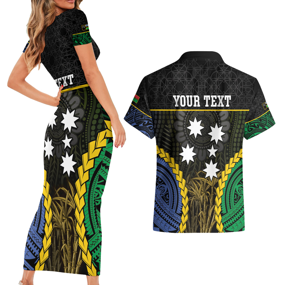 Personalised South Sea Islanders And Vanuatu Couples Matching Short Sleeve Bodycon Dress and Hawaiian Shirt Kanakas Sand Drawing Pattern
