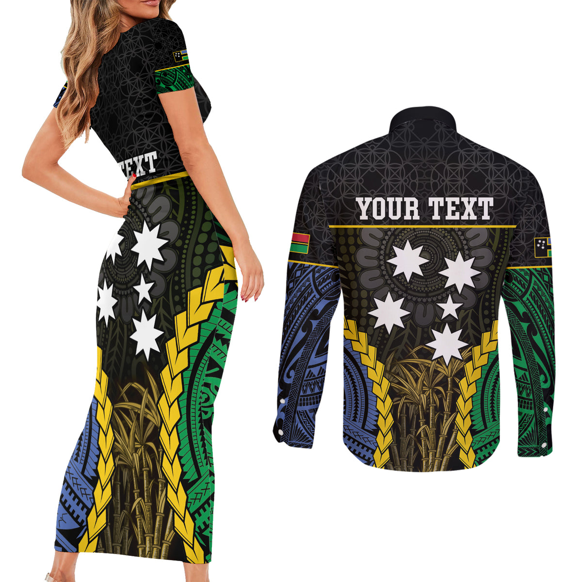 Personalised South Sea Islanders And Vanuatu Couples Matching Short Sleeve Bodycon Dress and Long Sleeve Button Shirt Kanakas Sand Drawing Pattern
