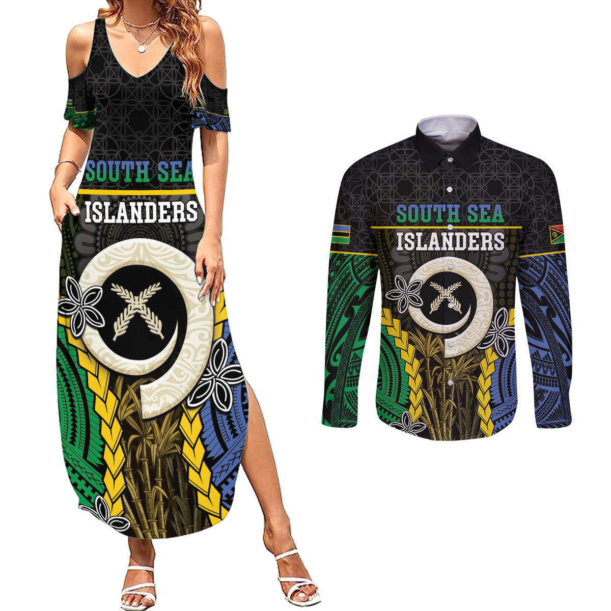 Personalised South Sea Islanders And Vanuatu Couples Matching Summer Maxi Dress and Long Sleeve Button Shirt Kanakas Sand Drawing Pattern