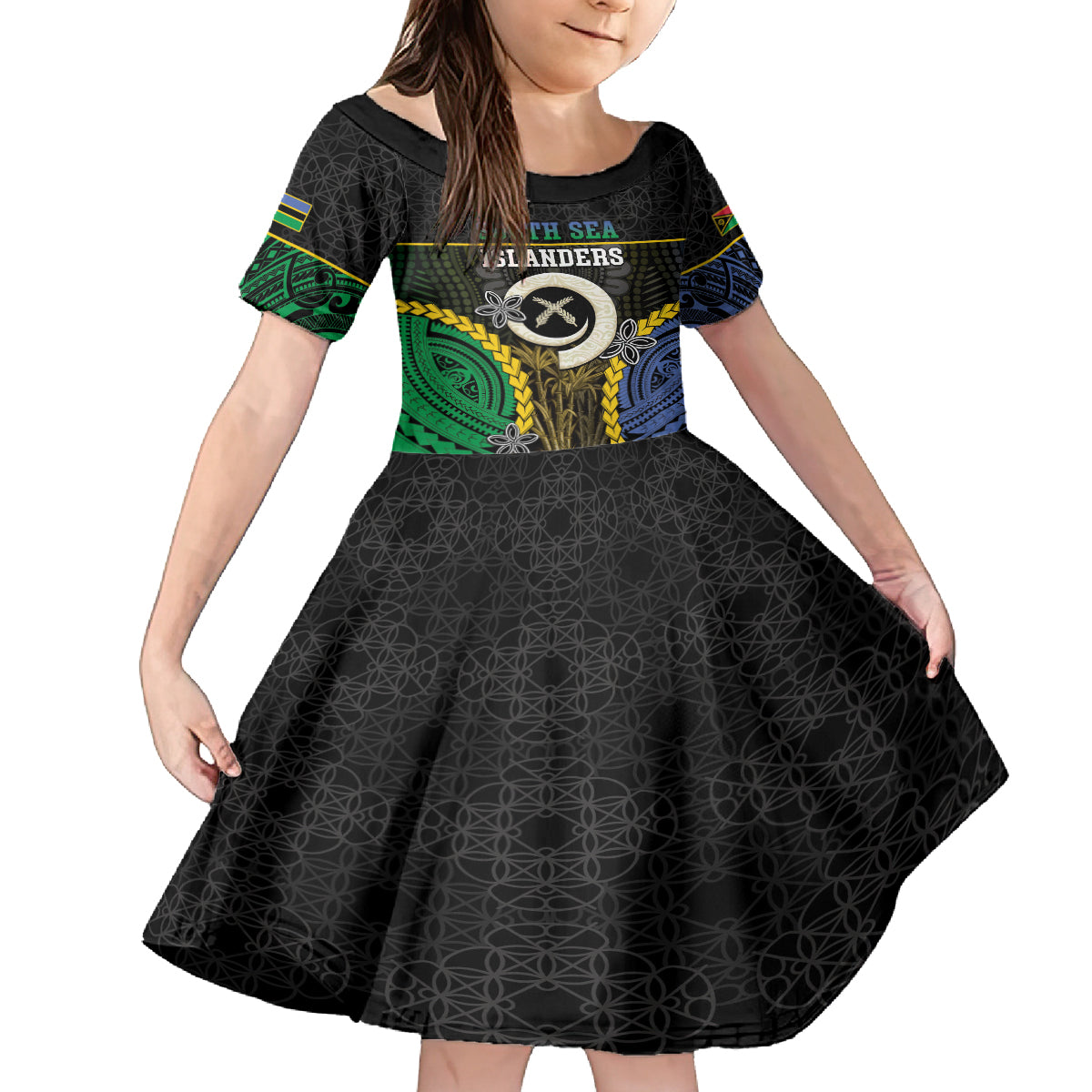 Personalised South Sea Islanders And Vanuatu Family Matching Long Sleeve Bodycon Dress and Hawaiian Shirt Kanakas Sand Drawing Pattern LT05 Daughter's Dress Black - Polynesian Pride