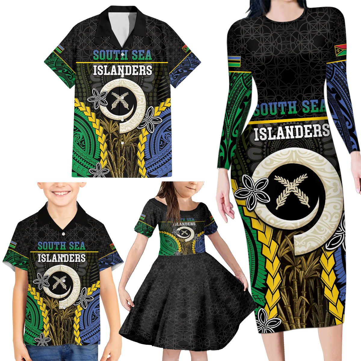 Personalised South Sea Islanders And Vanuatu Family Matching Long Sleeve Bodycon Dress and Hawaiian Shirt Kanakas Sand Drawing Pattern LT05 - Polynesian Pride