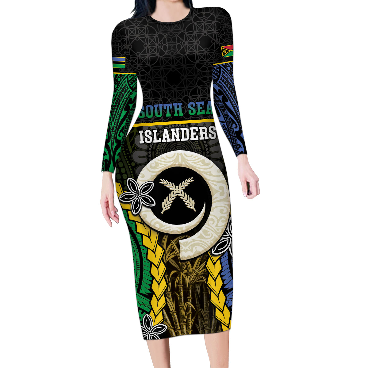 Personalised South Sea Islanders And Vanuatu Family Matching Long Sleeve Bodycon Dress and Hawaiian Shirt Kanakas Sand Drawing Pattern LT05 Mom's Dress Black - Polynesian Pride