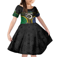 Personalised South Sea Islanders And Vanuatu Family Matching Off The Shoulder Long Sleeve Dress and Hawaiian Shirt Kanakas Sand Drawing Pattern LT05 Daughter's Dress Black - Polynesian Pride