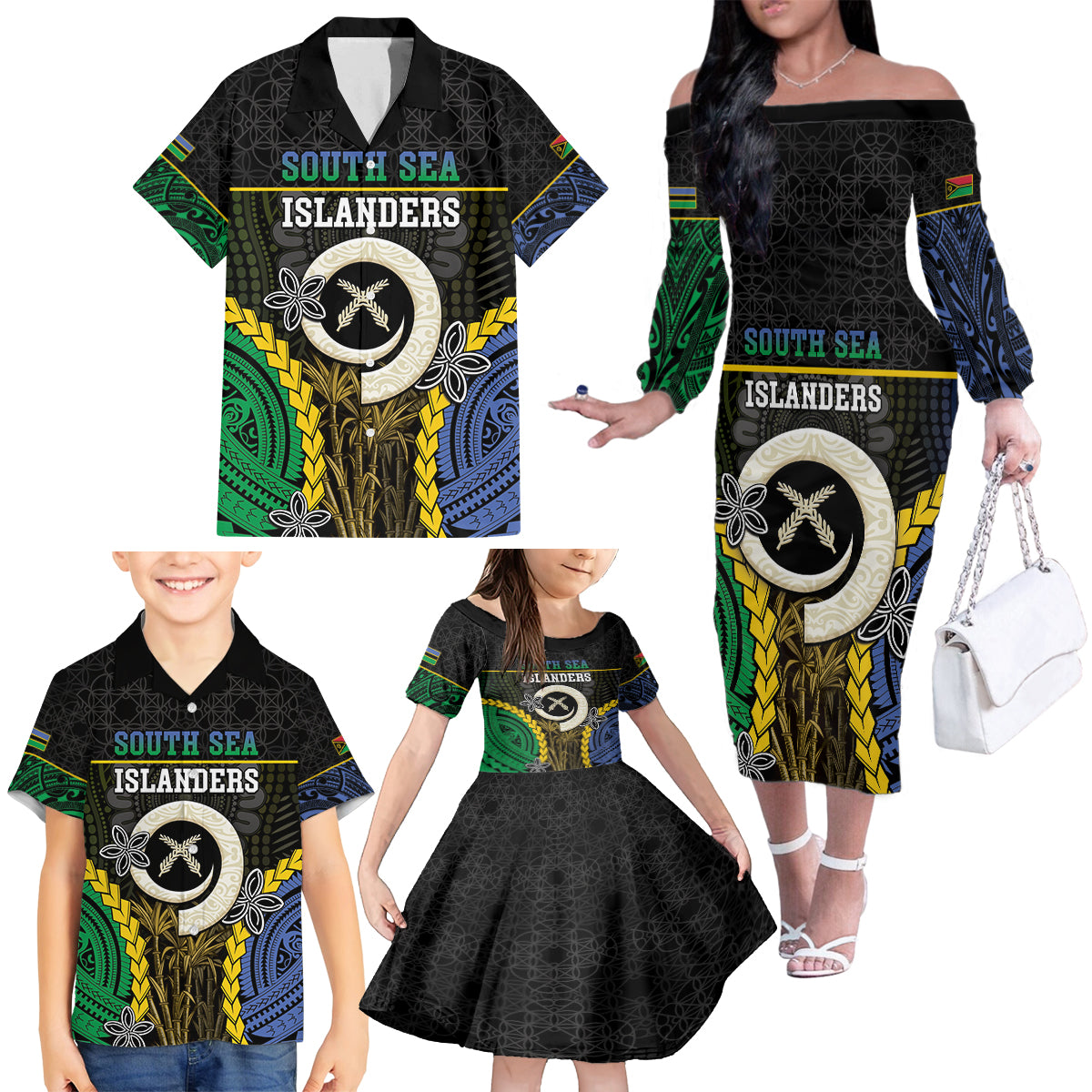 Personalised South Sea Islanders And Vanuatu Family Matching Off The Shoulder Long Sleeve Dress and Hawaiian Shirt Kanakas Sand Drawing Pattern LT05 - Polynesian Pride