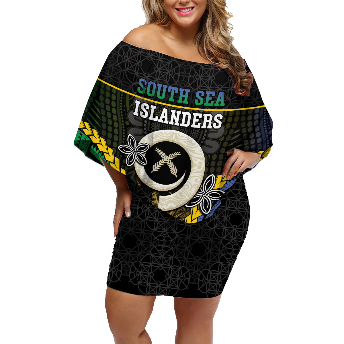 Personalised South Sea Islanders And Vanuatu Family Matching Off Shoulder Short Dress and Hawaiian Shirt Kanakas Sand Drawing Pattern LT05 Mom's Dress Black - Polynesian Pride