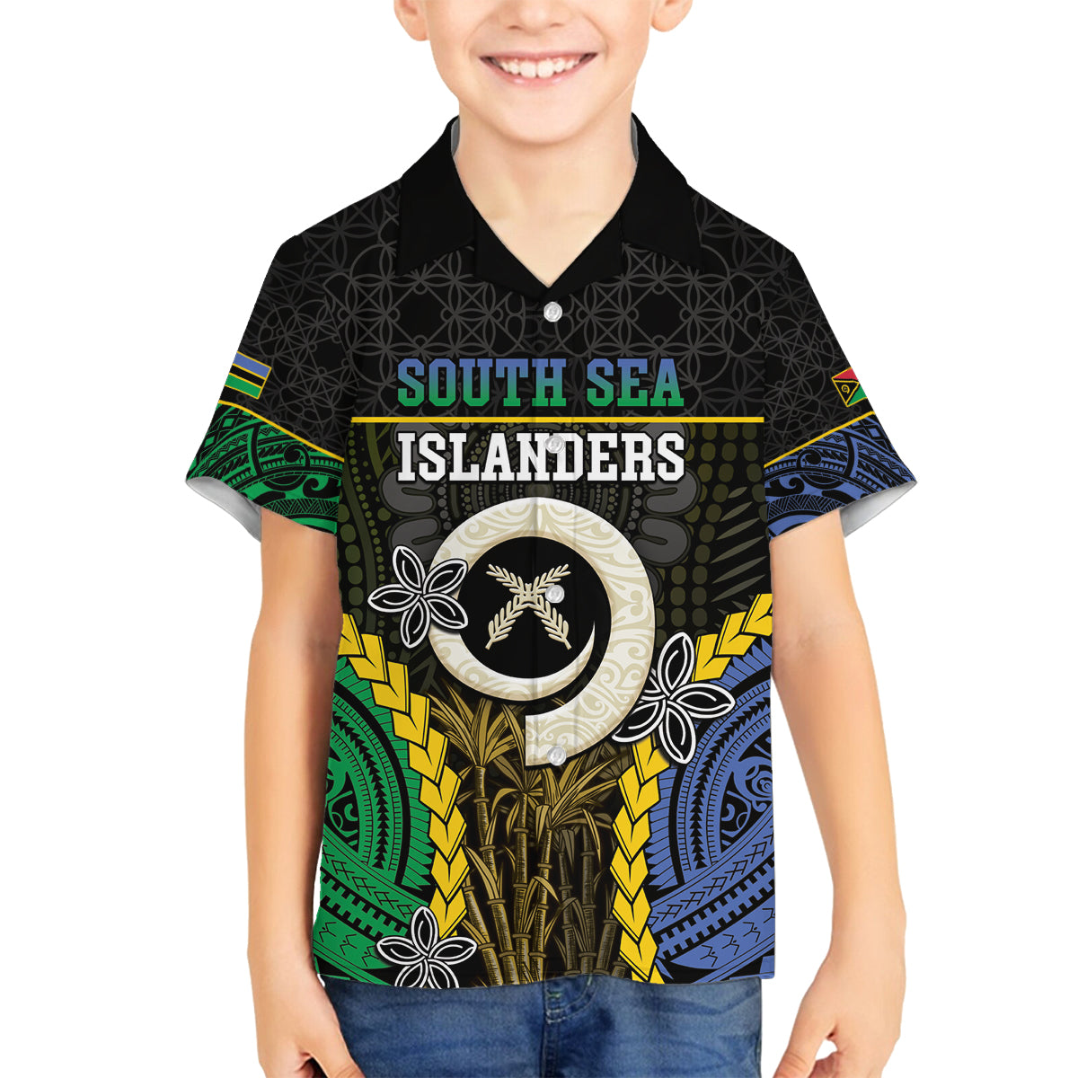 Personalised South Sea Islanders And Vanuatu Family Matching Off Shoulder Short Dress and Hawaiian Shirt Kanakas Sand Drawing Pattern LT05 Son's Shirt Black - Polynesian Pride