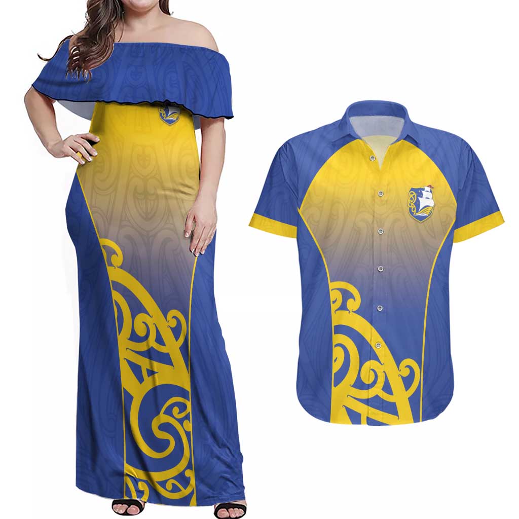 Custom James Cook High School Couples Matching Off Shoulder Maxi Dress and Hawaiian Shirt Maori Koru Pattern LT05 Blue - Polynesian Pride