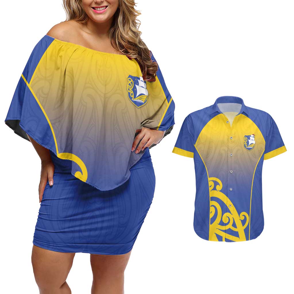 Custom James Cook High School Couples Matching Off Shoulder Short Dress and Hawaiian Shirt Maori Koru Pattern LT05 Blue - Polynesian Pride