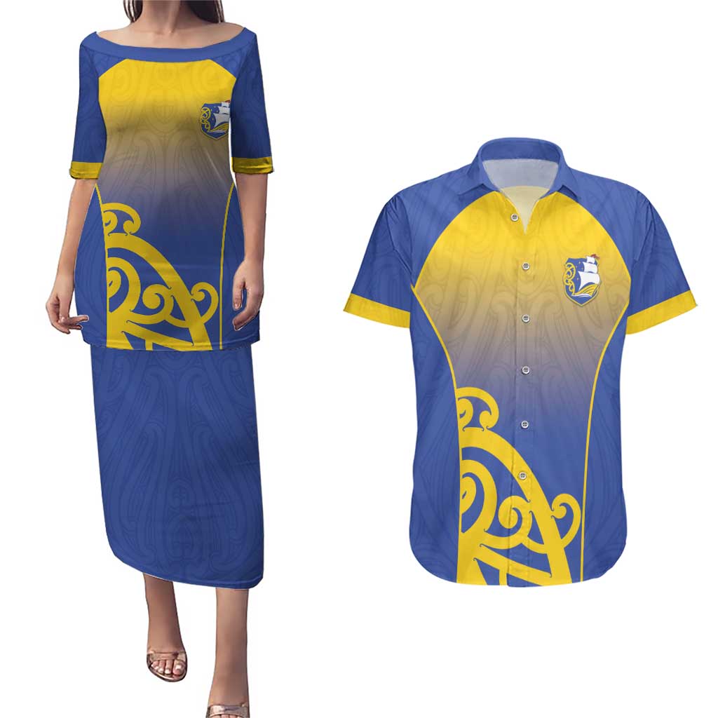 Custom James Cook High School Couples Matching Puletasi and Hawaiian Shirt Maori Koru Pattern LT05 Blue - Polynesian Pride
